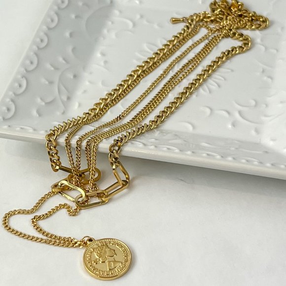 3 Layer Gold Coin Necklace Gold Layered Necklace - Picture 6 of 10